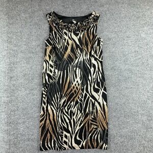 ABS Dress Womens Small Brown Black Animal Print Sleeveless Ruffle Neck
